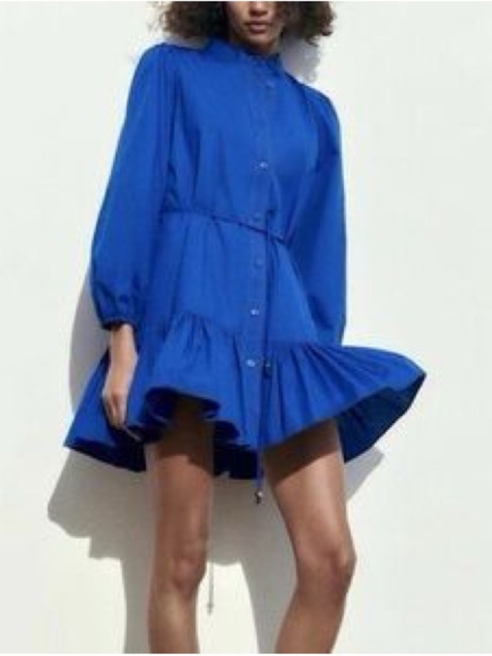 Zara Electric Blue Button-Front Long Sleeve Dress (ruffle bottom detail)